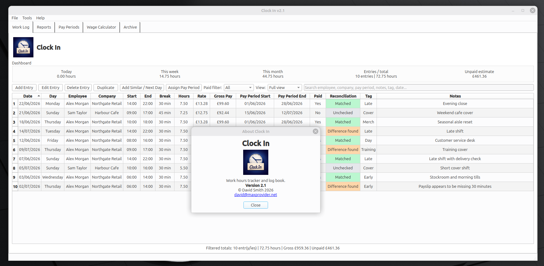 Clock In work log showing shift entries, pay period dates, reconciliation status, and filtered totals.