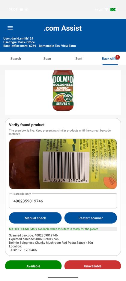 BackOffice product barcode match